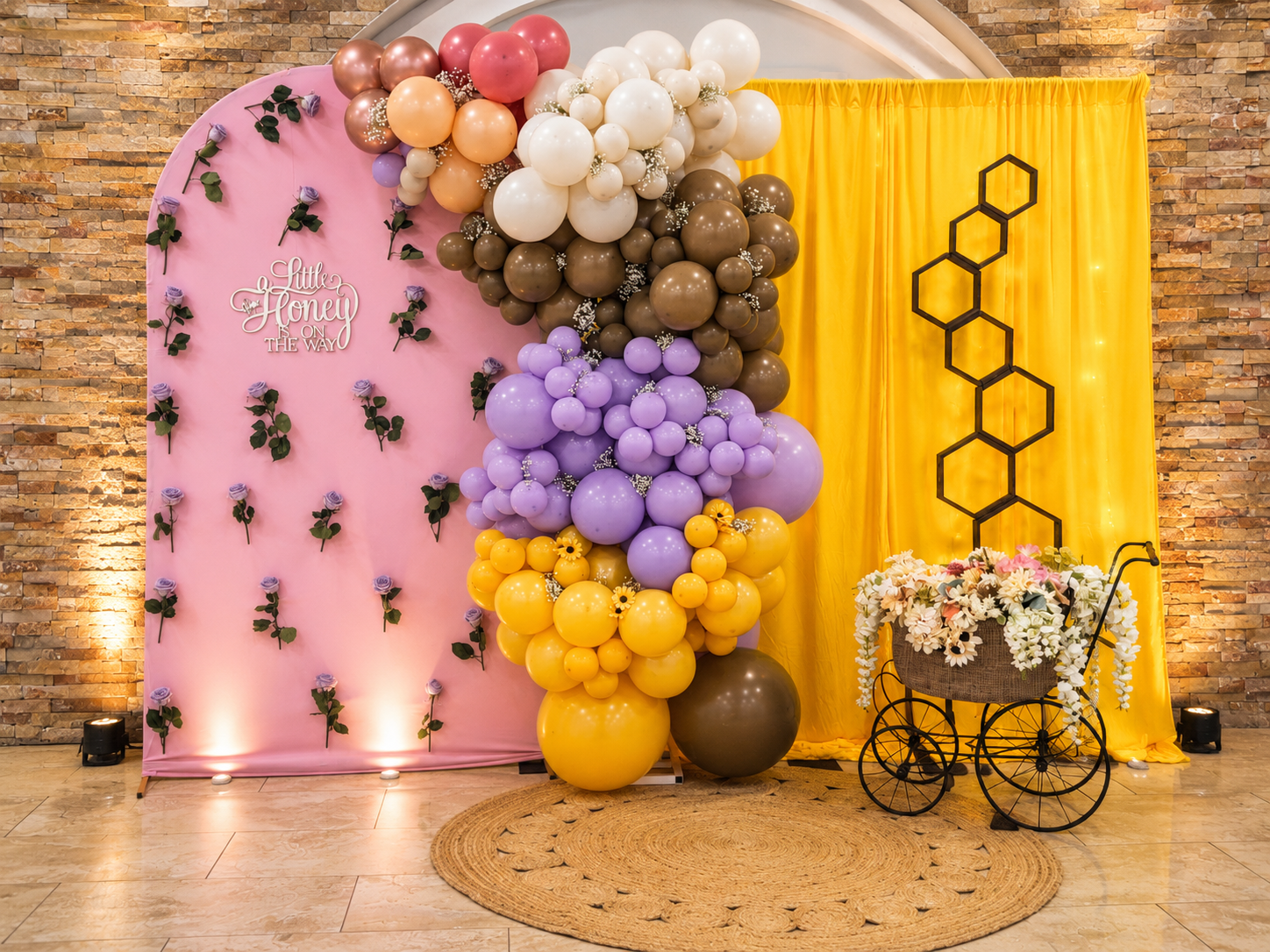 Yellow, brown, white, lavender baby shower décor by Arinay Events